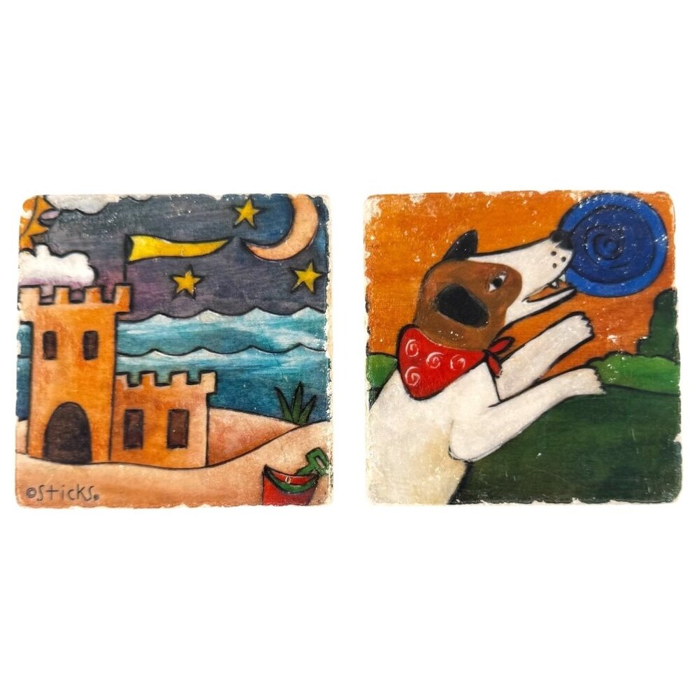 2 Studio Vertu Sticks Tumbled Italian Marble‎ Coasters Dog Castle Cork Back USA